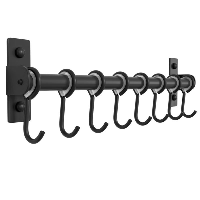 Dseap Kitchen Utensil Holder Hanger, Pot and Pan Rack Wall Mount, Kitchen Rail with 8 Hooks for Hanging Cooking Utensils, Mugs, Spoons, Wall Mounted, Stainless Steel, Black - Image 1